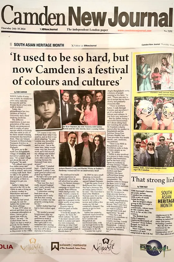 A full-page Camden New Journal feature for South Asian Heritage Month with photographs of Sabbir Karim